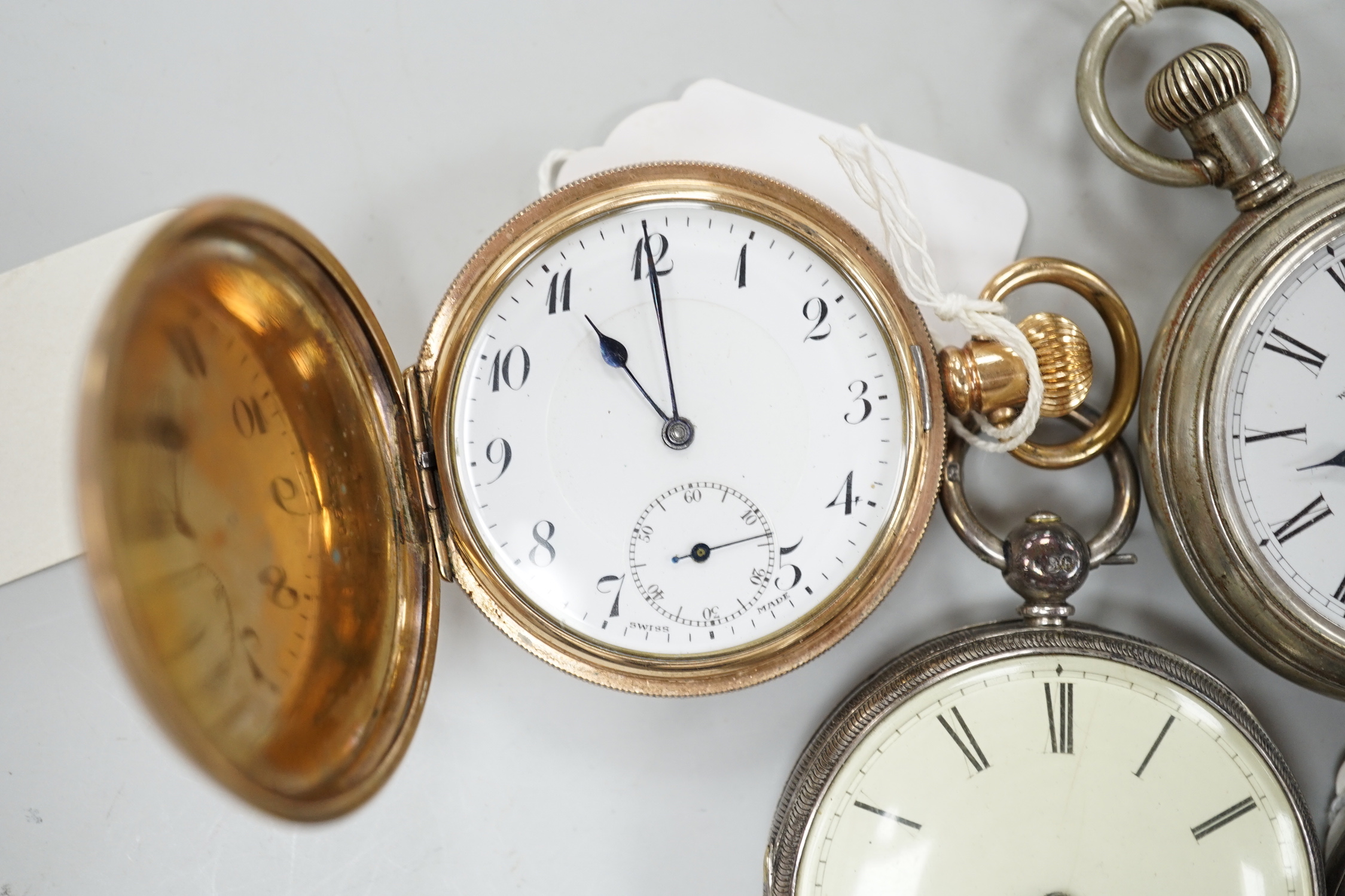 Twelve assorted silver or base metal pocket watches including chrome Omega, Searle & Co and gold plated hunter.